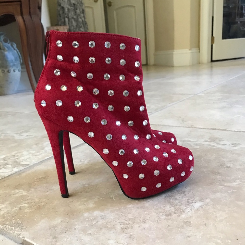 Red suede like faux crystal studded ankle boots